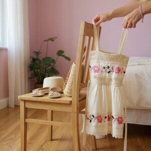 Vintage 90s BOHO Baby Dress Tan Mexican Embroidered Floral